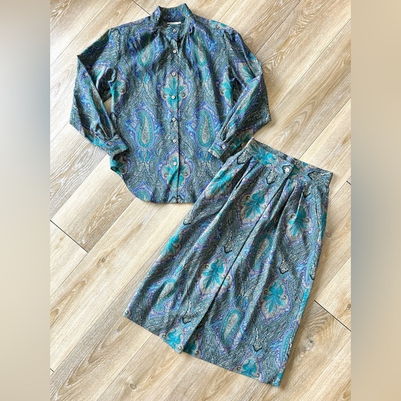 Vintage Ports Blouse + Skirt Wool Coord Paisley Set - Picture 3 of 9